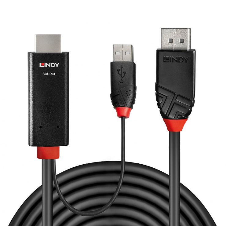 Cablu HDMI la Displayport 4K60Hz cu alimentare USB T-T 2m, Lindy L41499 (2M imagine noua tecomm.ro