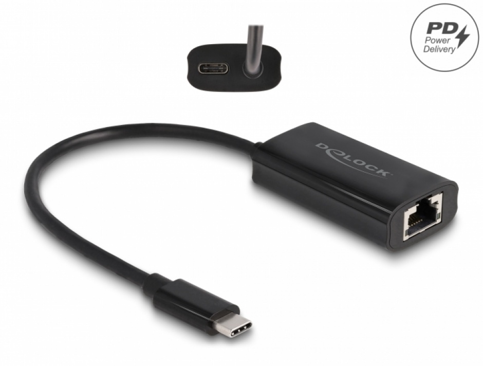 Adaptor USB 3.2 Gen1 type C la Gigabit LAN + PD 100W, Delock 61026 100W