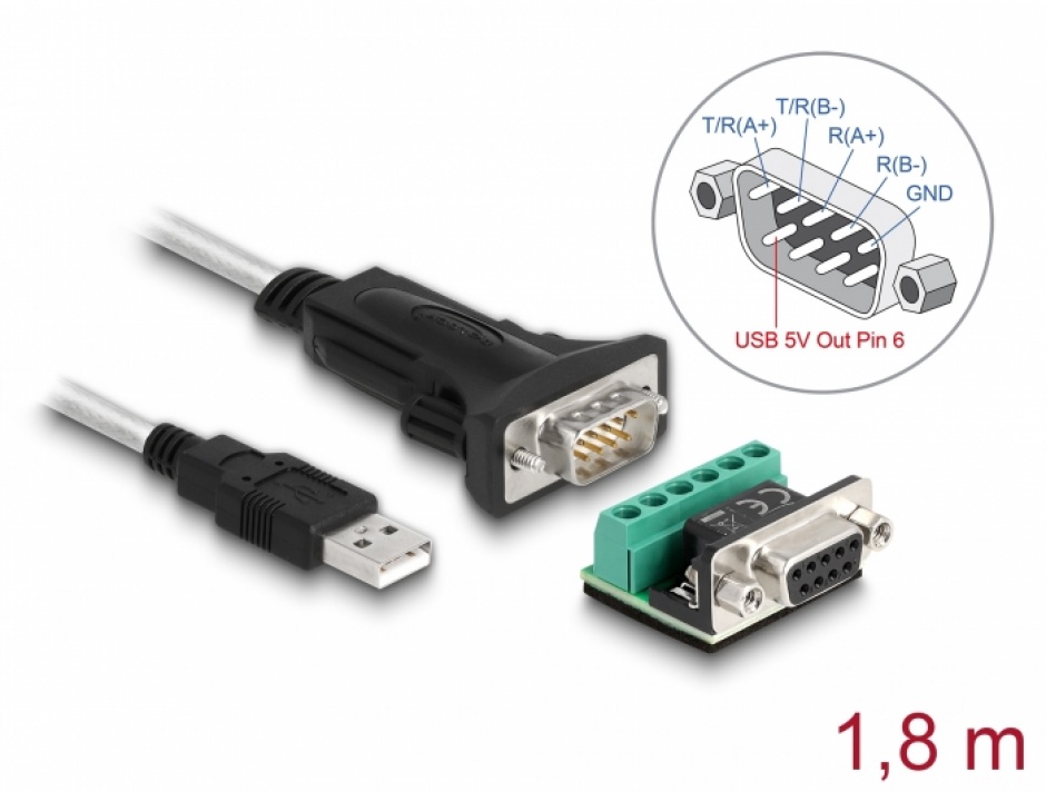 Adaptor USB-A la serial RS-422/485 FTDI cu terminal block +5V 1.8m, Delock 63465 1.8m imagine noua