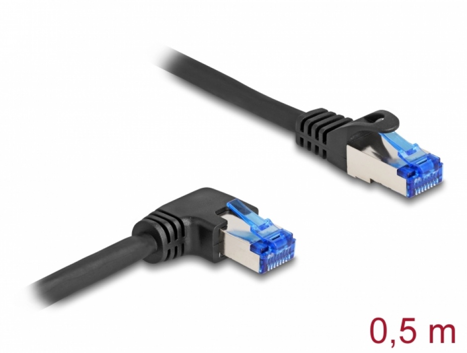 Cablu de retea RJ45 Cat.6A SFTP LSOH drept/unghi 90 grade dreapta 0.5m Negru, Delock 80221 0.5m imagine noua 2022