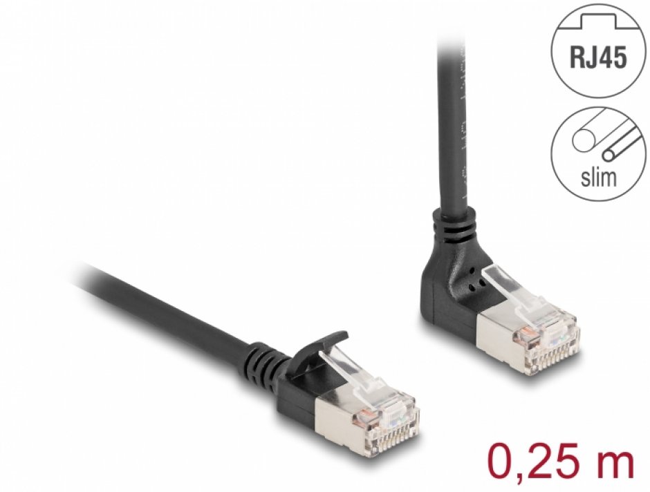 Cablu de retea RJ45 Cat.6A S/FTP Slim unghi 90 grade sus/drept 0.25m Negru, Delock 80285 0.25m imagine noua 2022