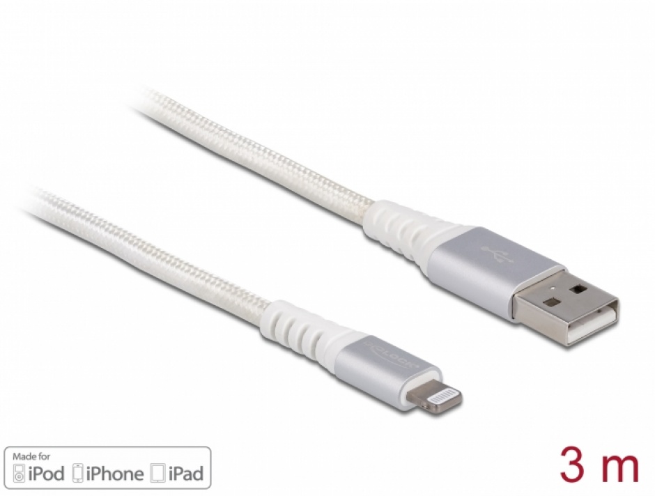 Cablu date + incarcare USB la Apple Lightning MFI 3m Alb, Delock 83003 (Alb) imagine noua tecomm.ro