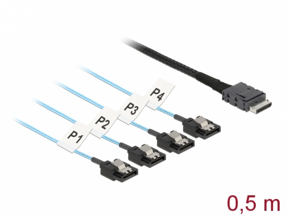 Cablu OCuLink SFF-8611 la 4 x SATA 7 pini 0.5m metal, Delock 85468 Delock 0.5m imagine 2022 3foto.ro