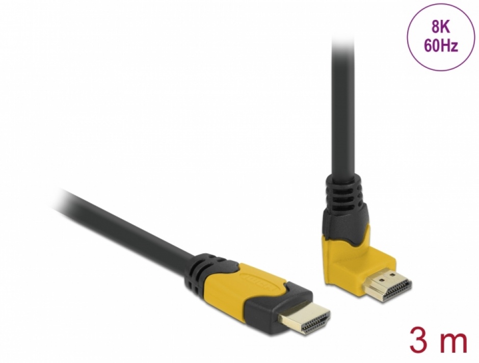 Cablu Ultra High Speed HDMI 8K60Hz/4K240Hz drept/unghi 90 grade sus T-T 3m Negru/Galben, Delock 86990 imagine noua