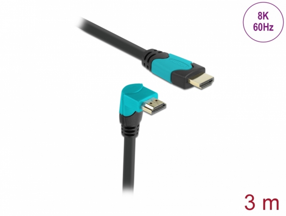 Cablu Ultra High Speed HDMI 8K60Hz/4K240Hz drept/unghi 90 grade jos T-T 3m Negru/Bleu, Delock 86993 conectica.ro