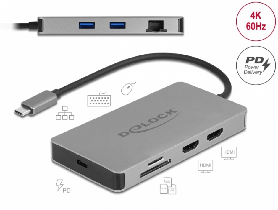 Docking station USB type C la Dual HDMI MST 4K / USB 3.2 / SD / LAN / PD 3.0, Delock 87004 3.0 imagine noua tecomm.ro