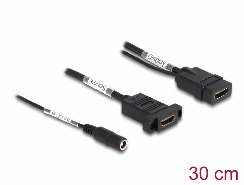 Cablu HDMI 4K60 Hz cu alimentare DC 2.1 x 5.5 mm M-M 0.30m panel-mount, Delock 87038 conectica.ro