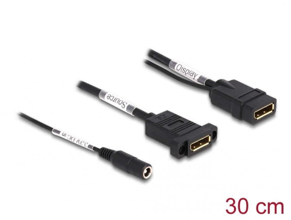 Cablu Displayport 4K60 Hz cu alimentare DC 2.1 x 5.5 mm M-M 0.30m panel-mount, Delock 87039 0.30m imagine noua tecomm.ro