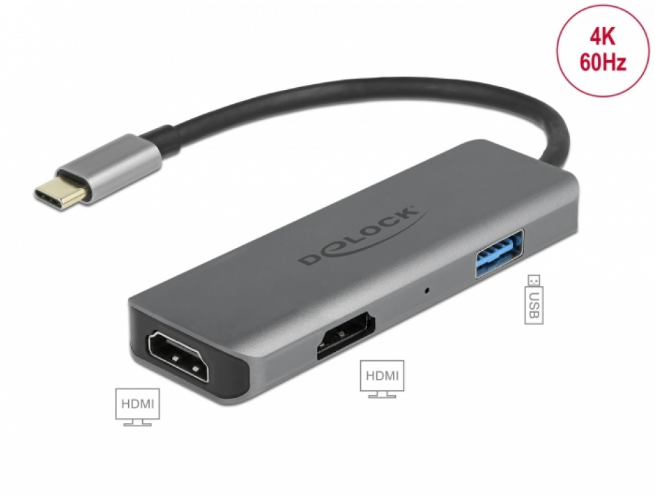 Docking station USB type C la 2 x HDMI 4K60Hz MST + 1 x USB-A, Delock 87780 conectica.ro imagine noua tecomm.ro