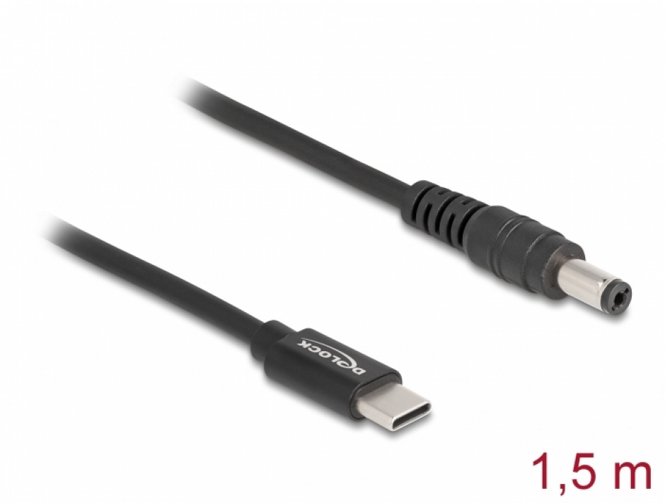 Cablu de alimentare laptop USB type C la DC 5.5 x 2.1 mm 20V/3A 1.5m, Delock 87977 1.5m