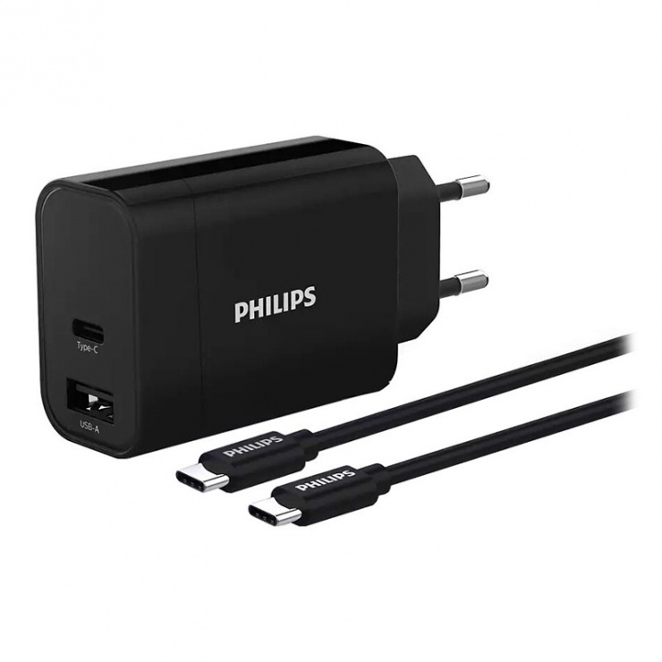Incarcator priza 1 x USB-A + 1 x USB-C + cablu USB type C 30W, Philips PH-DLP2621C/1 30W imagine noua 2022