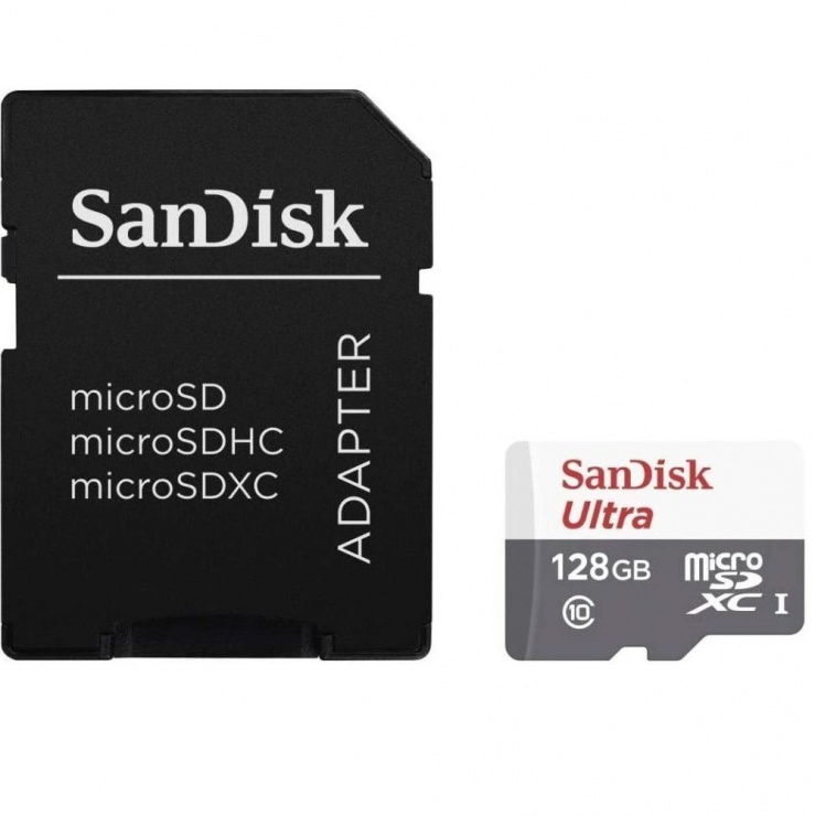 Card de memorie micro SDXC 128Gb clasa 10 + adaptor SD, Sandisk SDSQUNR-128G-GN6TA conectica.ro