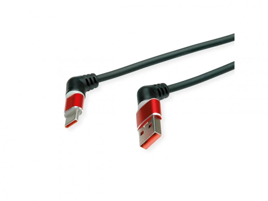 Cablu USB 2.0-A la USB type C unghi/unghi T-T 60W 1m Rosu/Negru, Roline 11.02.8345