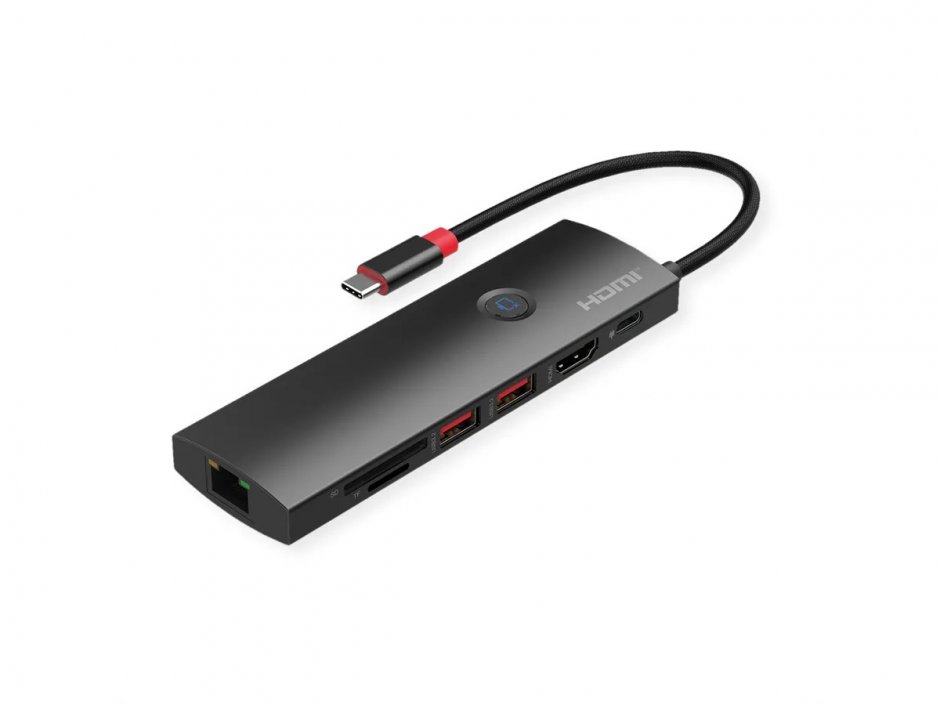 Docking station USB 3.2 Gen2 Type C la HDMI 4K60Hz/2xUSB 3.2/1xUSB Type C PD/1x Gigabit Ethernet/1x SD/microSD, Roline 12.02.1126