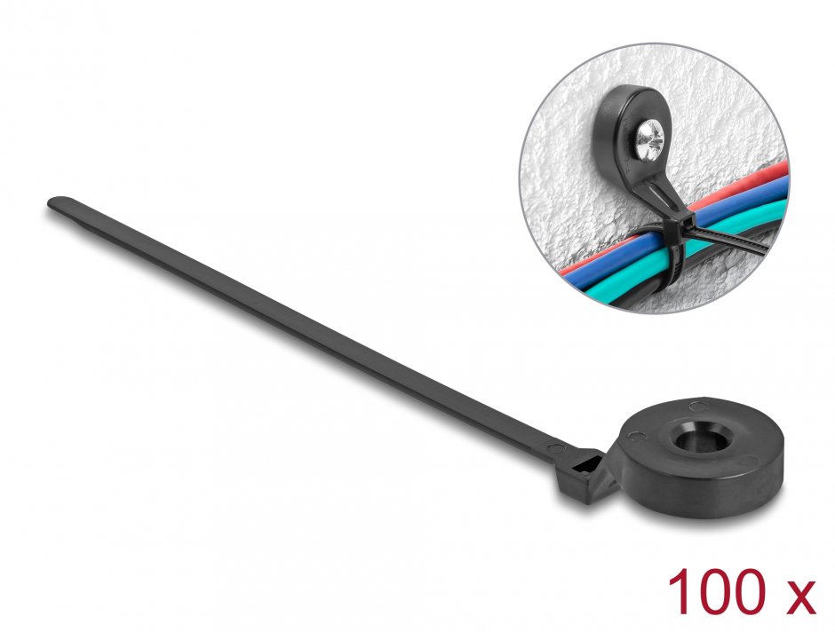 Set 100 buc bride cu prindere 180x6mm Negru , Delock 18915