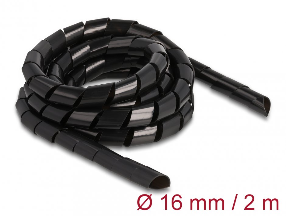 Organizator cabluri spiralat 2m x 16mm Negru, Delock 19024