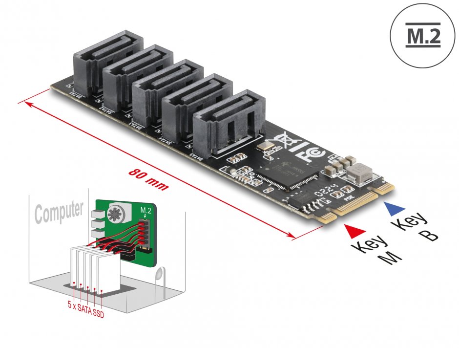 Adaptor M.2 2280 Key B+M la 5 x SATA, Delock 64241