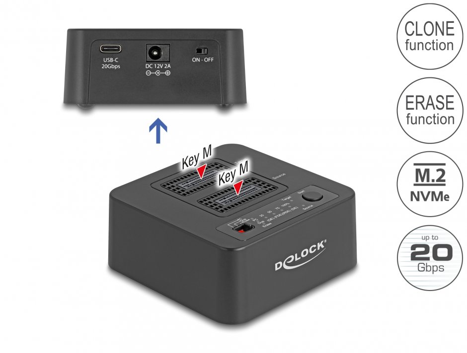 Docking station pentru 2 x M.2 NVMe PCIe SSD cu functie de Clona/Erase, Delock 64300