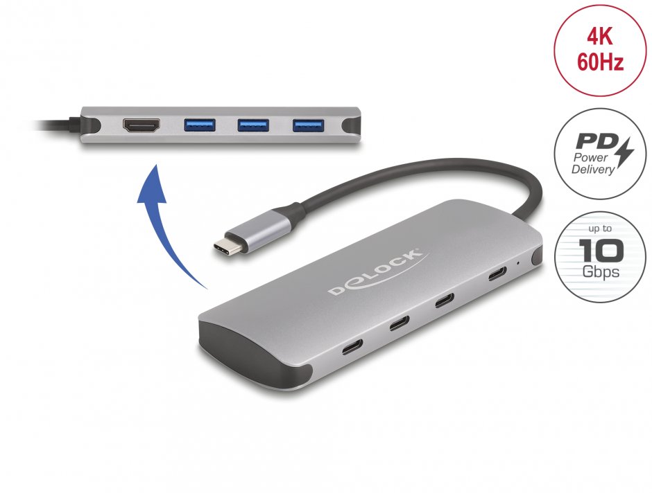 Adaptor USB 3.2 type C la HDMI + 3 x USB-A + 3 x USB-C + PD 90W, Delock 64323