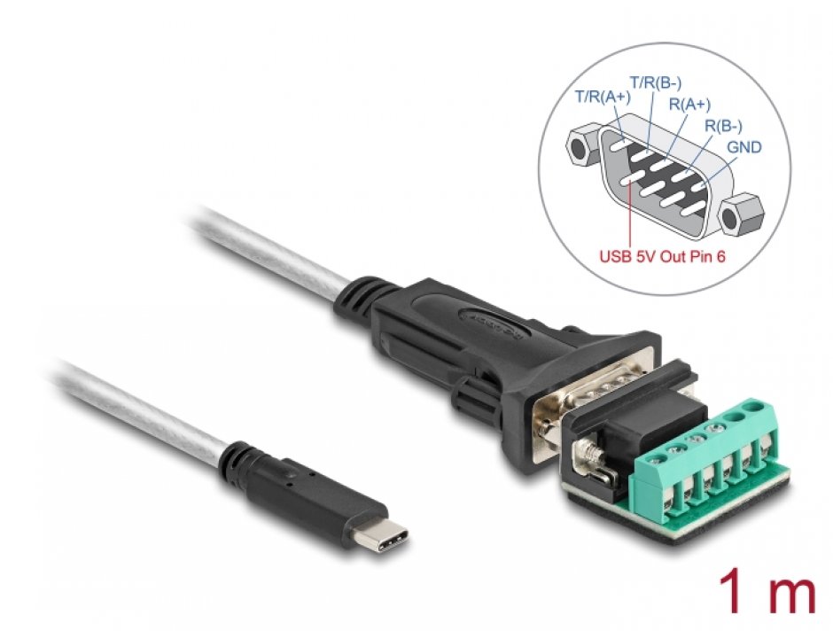 Adaptor USB 2.0-C la Serial RS-422/485 cu terminal block 5V 1m, Delock 64269