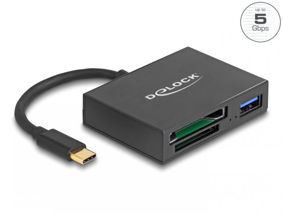 Cititor de carduri USB type C pentru carduri de memorie XQD / SD + USB-A, Delock 91711