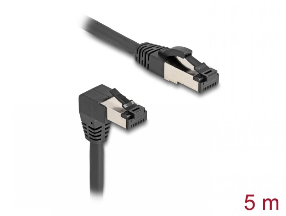 Cablu de retea RJ45 Cat.8.1 S/FTP drept/unghi 90 grade jos 5m Negru, Delock 80448