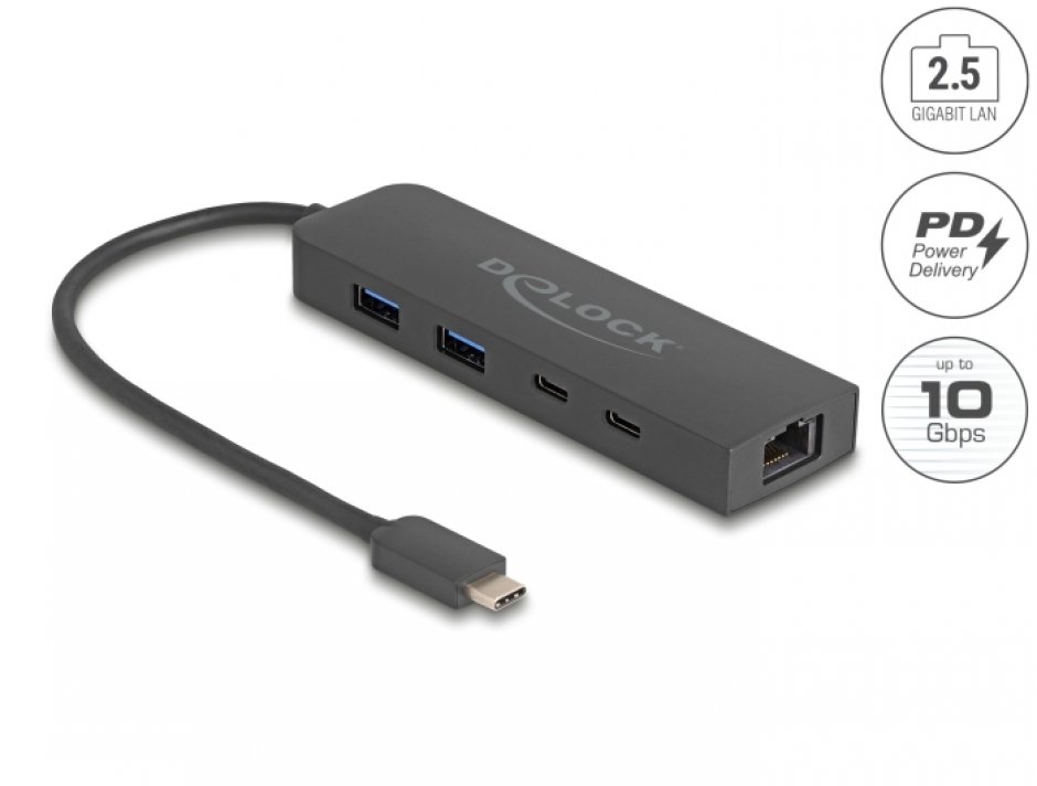 HUB USB 3.2 type C la 1 x USB-C + 2 x USB-A + 2.5 Gigabit LAN + PD 85W, Delock 64110