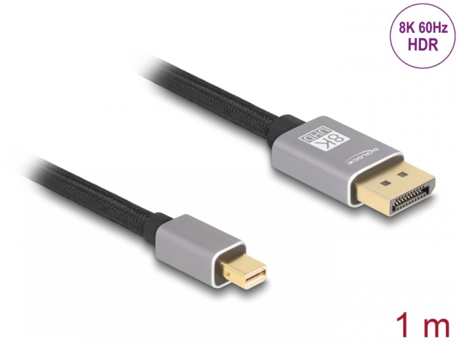 Cablu mini Displayport la Displayport 8K60Hz/4K240Hz 1m Negru/Argintiu, Delock 81091