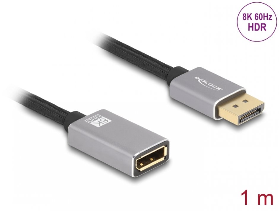 Cablu prelungitor Displayport 8K60Hz/4K240Hz T-M 1m Negru/Argintiu, Delock 81079