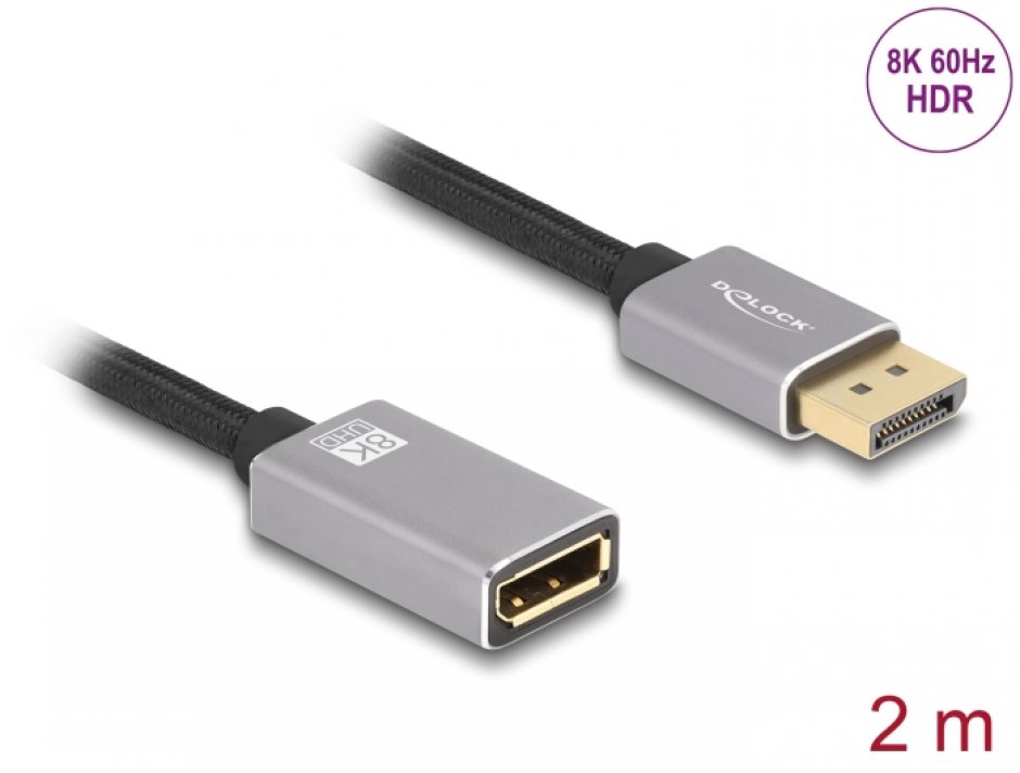 Cablu prelungitor Displayport 8K60Hz/4K240Hz T-M 2m Negru/Argintiu, Delock 81080