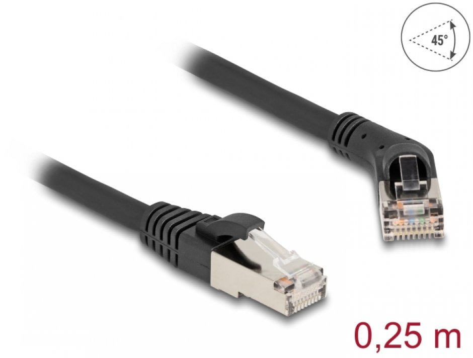 Cablu de retea RJ45 6A S/FTP drept/unghi 45 grade dreapta 0.25m Negru, Delock 80487