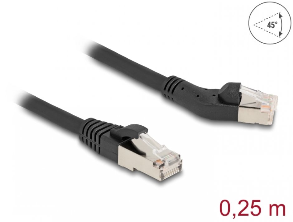 Cablu de retea RJ45 6A S/FTP drept/unghi 45 grade stanga 0.25m Negru, Delock 80582