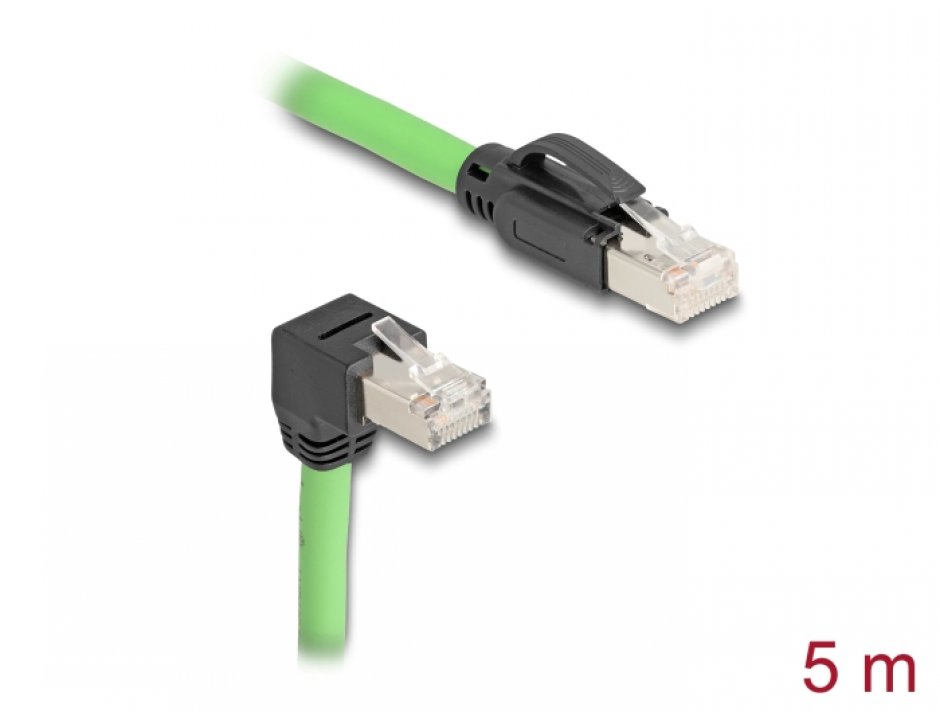 Cablu de retea RJ45 Cat.6A SFTP drept/unghi jos TPU 5m Verde pentru medii industriale, Delock 80897