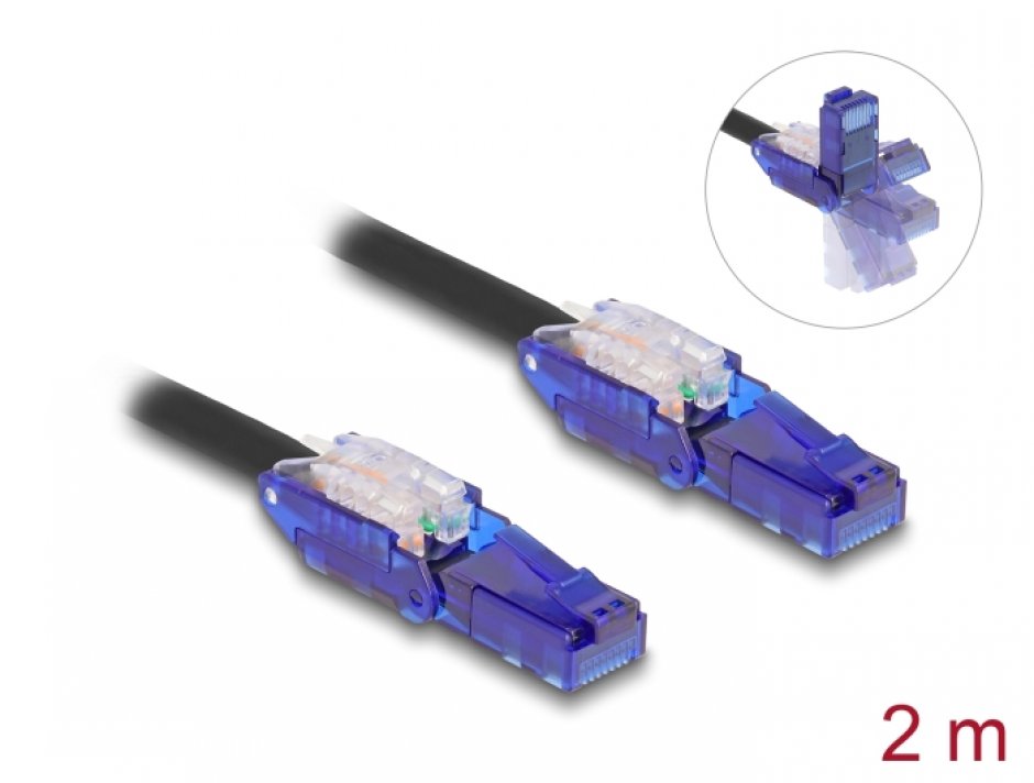 Cablu de retea RJ45 Cat.6 UTP conectori in unghi 180 grade 2m Negru, Delock 80927