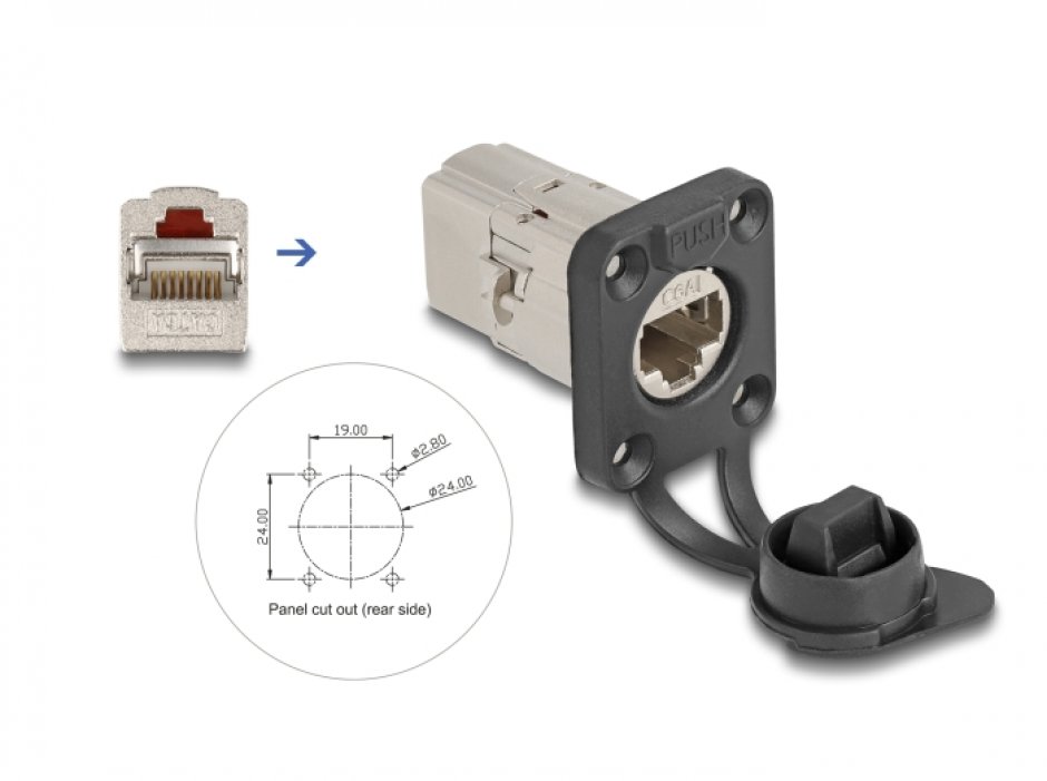 Conector D-type ecranat RJ45 Cat.6A cu protectie praf si waterproof IP66, Delock 67061