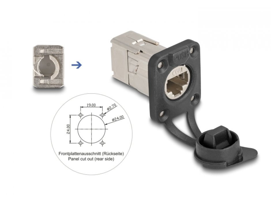 Conector D-type ecranat RJ45 Cat.6A cu protectie praf si waterproof IP66, Delock 67063