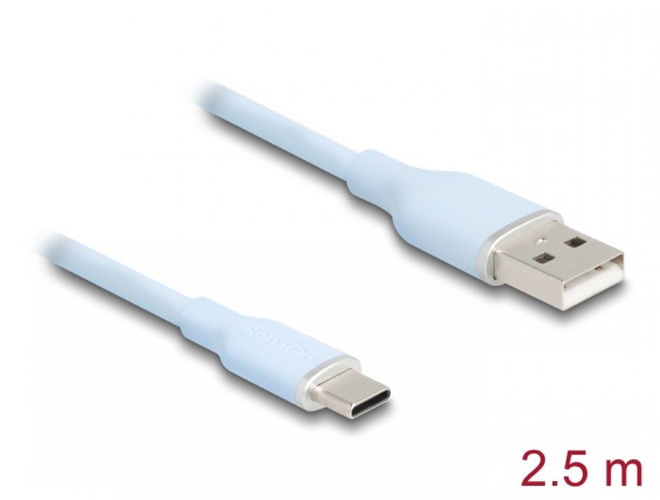 Cablu USB-A 2.0 la USB type C T-T 2.5m silicon Alb, Delock 81223