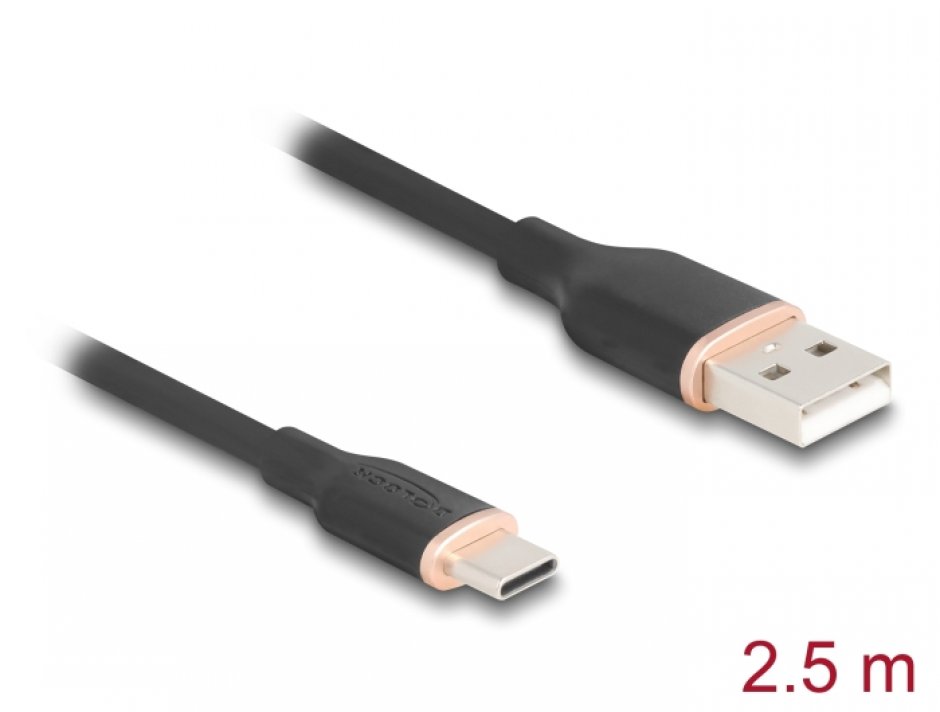 Cablu USB-A 2.0 la USB type C T-T 2.5m silicon Negru, Delock 81227