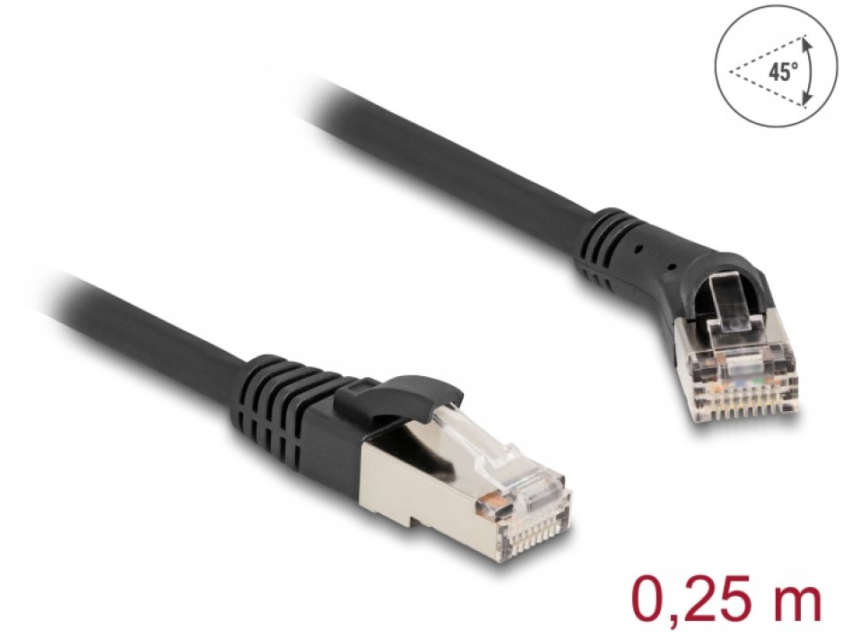 Cablu de retea RJ45 Cat.8.1 S/FTP drept/unghi 45 grade dreapta 0.25m Negru, Delock 80626