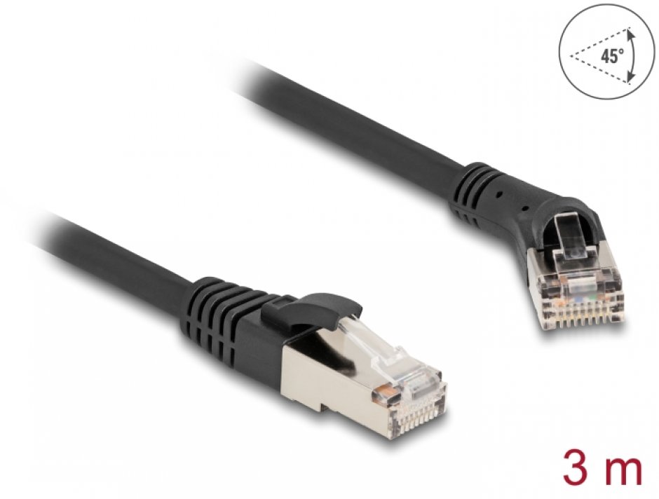 Cablu de retea RJ45 Cat.8.1 S/FTP drept/unghi 45 grade dreapta 3m Negru, Delock 80641