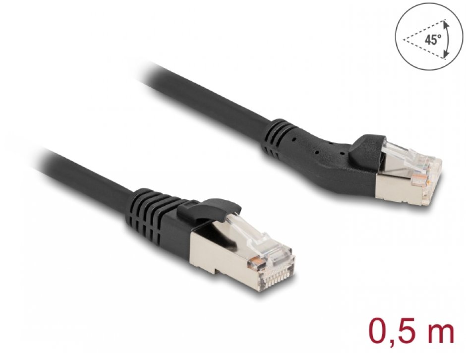 Cablu de retea RJ45 Cat.8.1 S/FTP drept/unghi 45 grade stanga 0.5m Negru, Delock 80749