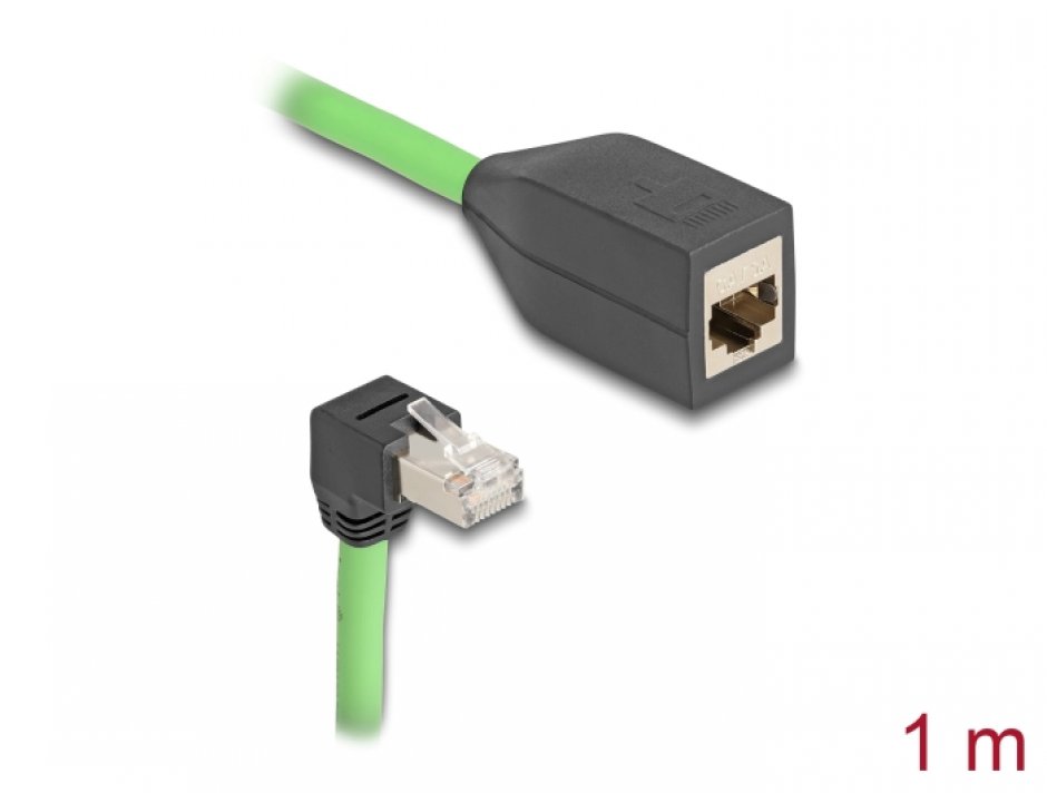 Cablu prelungitor de retea RJ45 Cat.6A SFTP drept/unghi jos TPU 1m Verde pentru medii industriale, Delock 80886