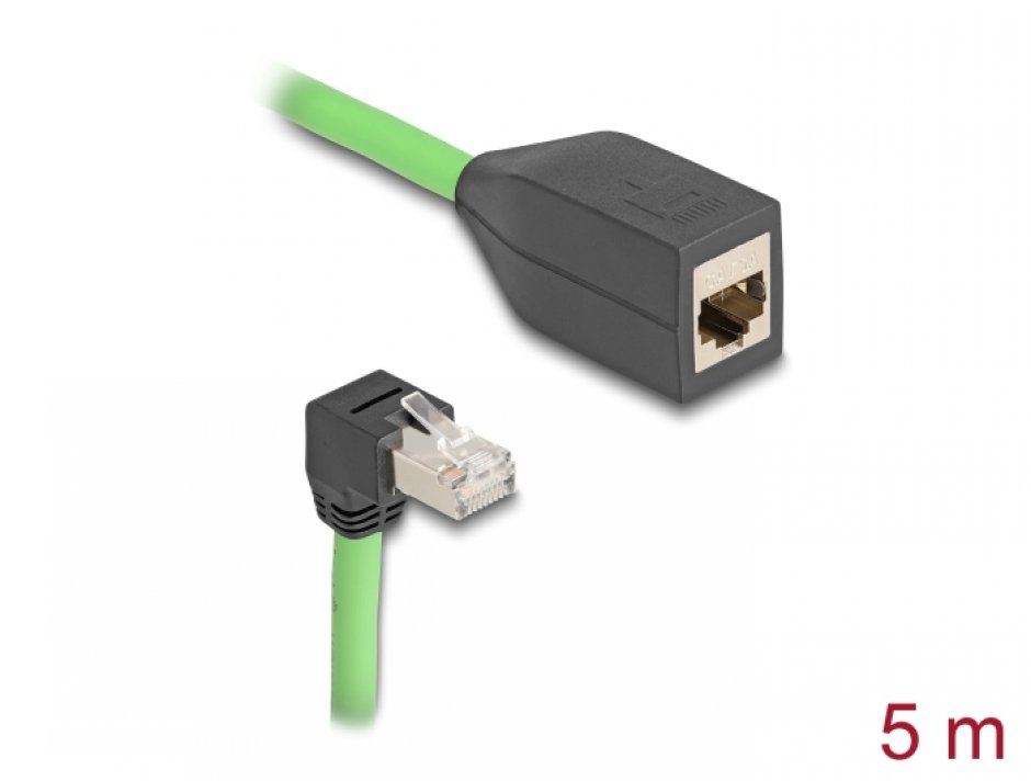 Cablu prelungitor de retea RJ45 Cat.6A SFTP drept/unghi jos TPU 5m Verde pentru medii industriale, Delock 80888