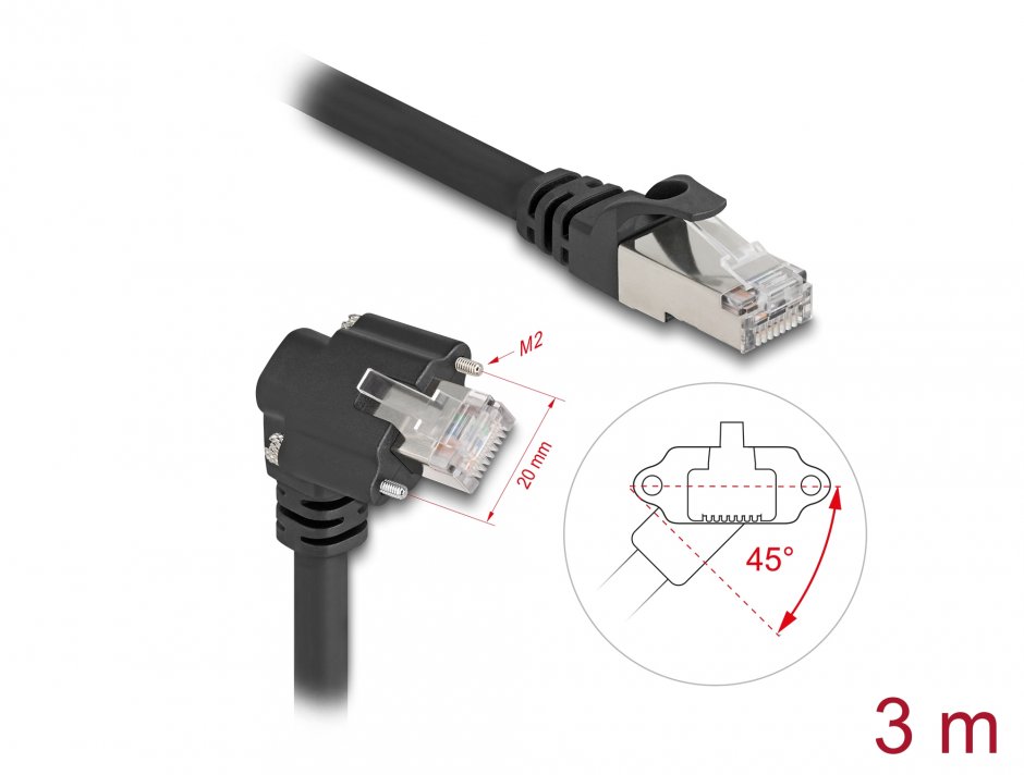 Cablu de retea RJ45 Cat.6 SFTP drept/unghi cu suruburi 3m Negru, Delock 80919