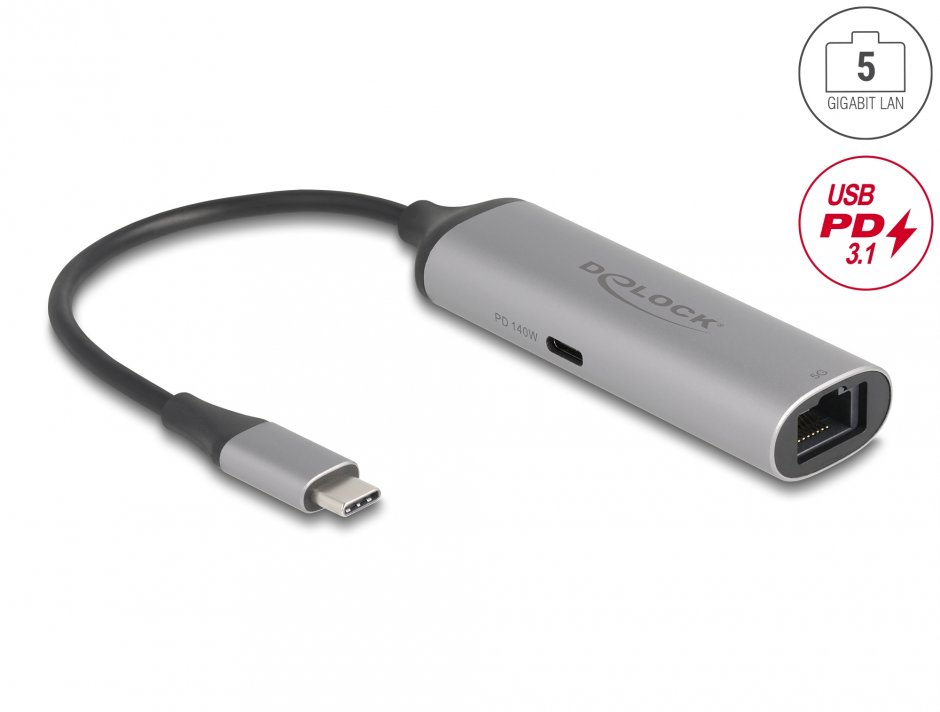 Adaptor USB type C la 5 Gigabit LAN RJ45 + PD 3.1 140W, Delock 81591