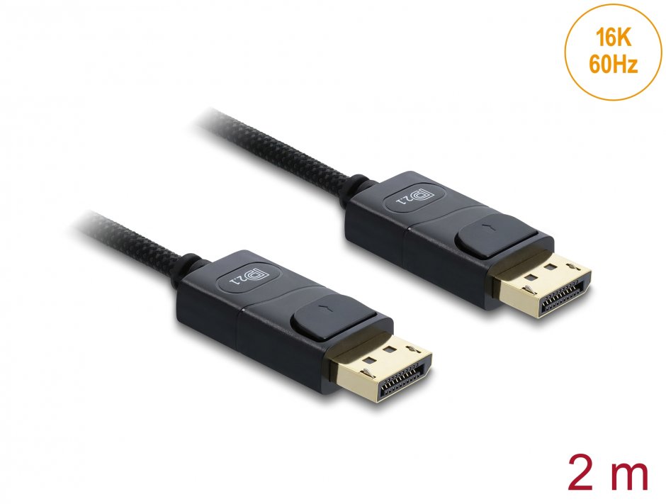 Cablu Coaxial DisplayPort 16K60Hz/8K120Hz/4K240Hz 80Gbps brodat 2m Negru, Delock 81672