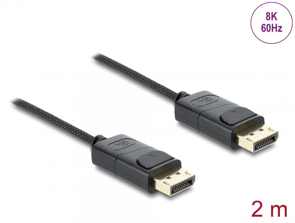 Cablu Coaxial DisplayPort 8K60Hz/4K240Hz 80Gbps brodat 2m Negru, Delock 81674