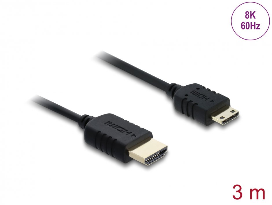 Cablu Coaxial High Speed HDMI la mini-C HDMI 8K60Hz/4K240Hz 3m Negru, Delock 81686