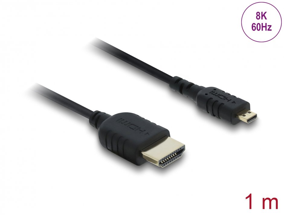 Cablu Coaxial High Speed HDMI la micro-D HDMI 8K60Hz/4K240Hz 1m Negru, Delock 81690