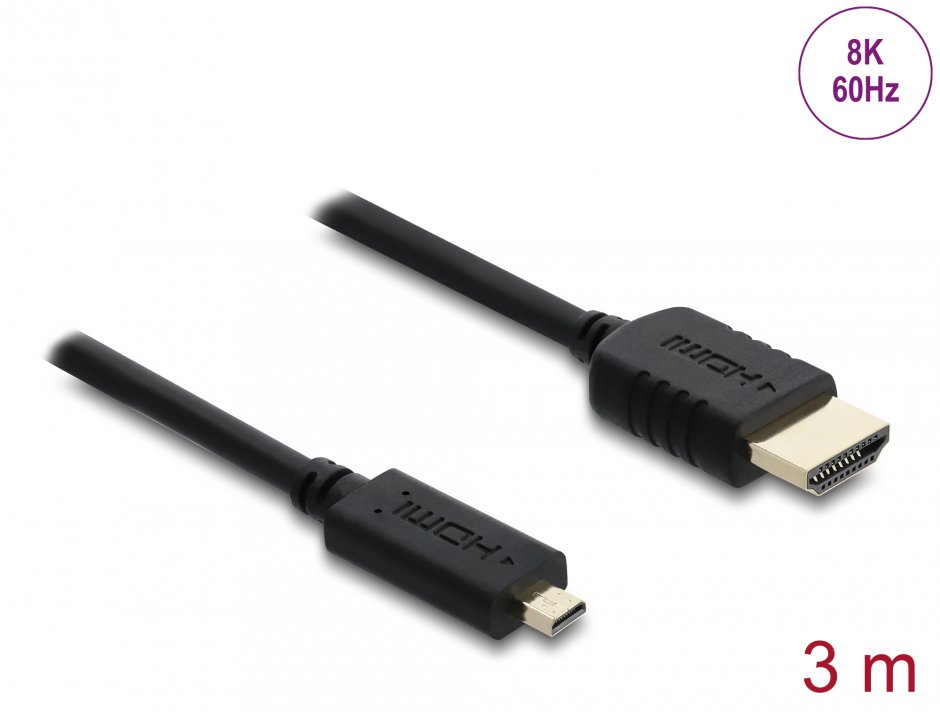 Cablu Coaxial High Speed HDMI la micro-D HDMI 8K60Hz/4K240Hz 3m Negru, Delock 81692